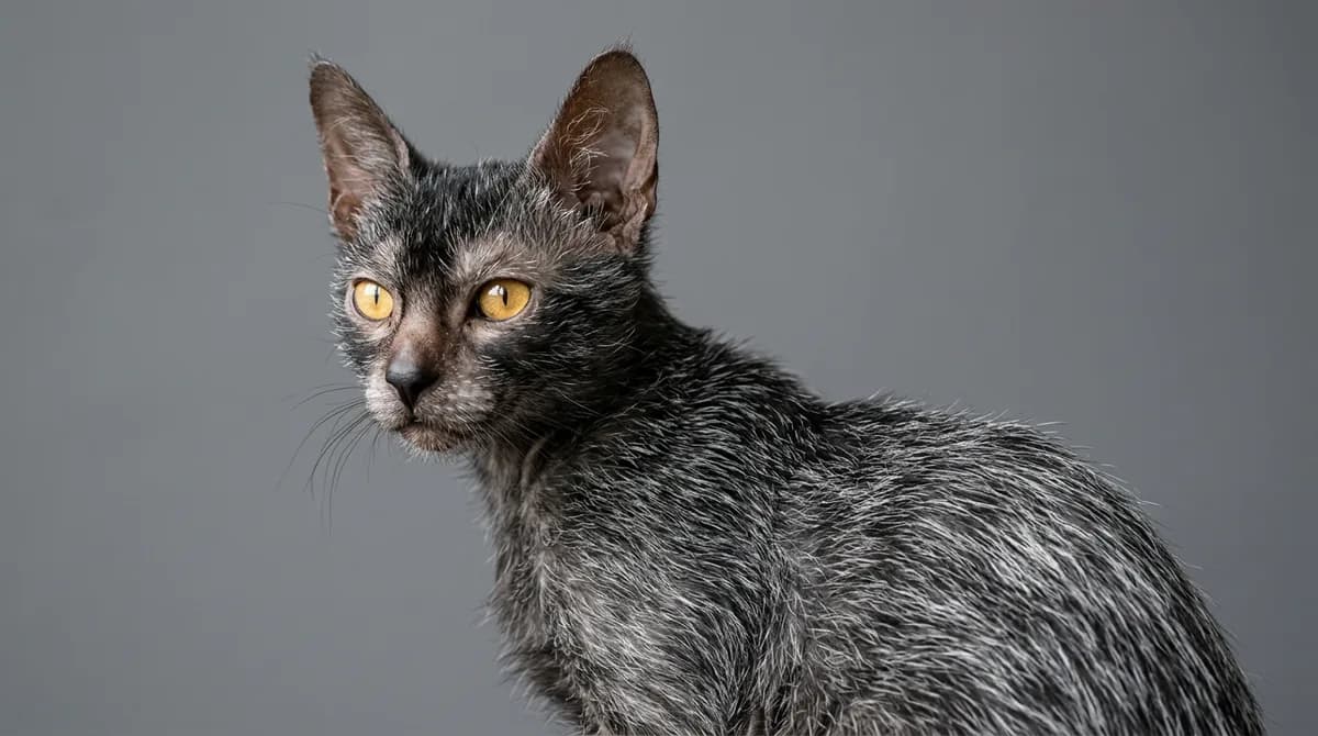 A close view of a black roan Lykoi coat showing white and black hairs intermingled into a salt-and-pepper roan, with no solid white patches.