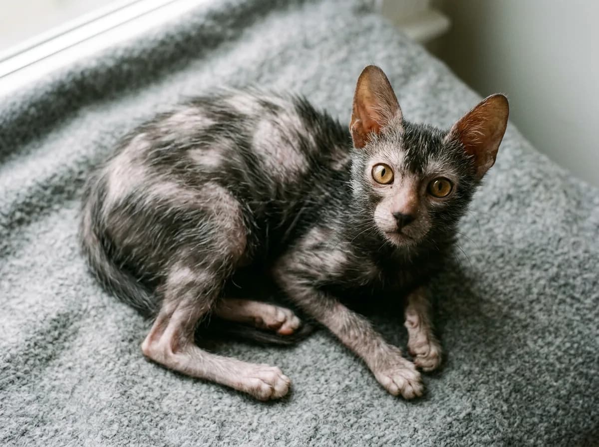 A young Lykoi mid-molt with patchy thinning roan fur and exposed skin, showing how coverage shifts through the coat cycle.