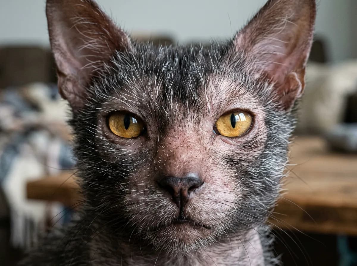 A close-up of a Lykoi cat's bare facial mask showing healthy pink skin around the eyes and muzzle.
