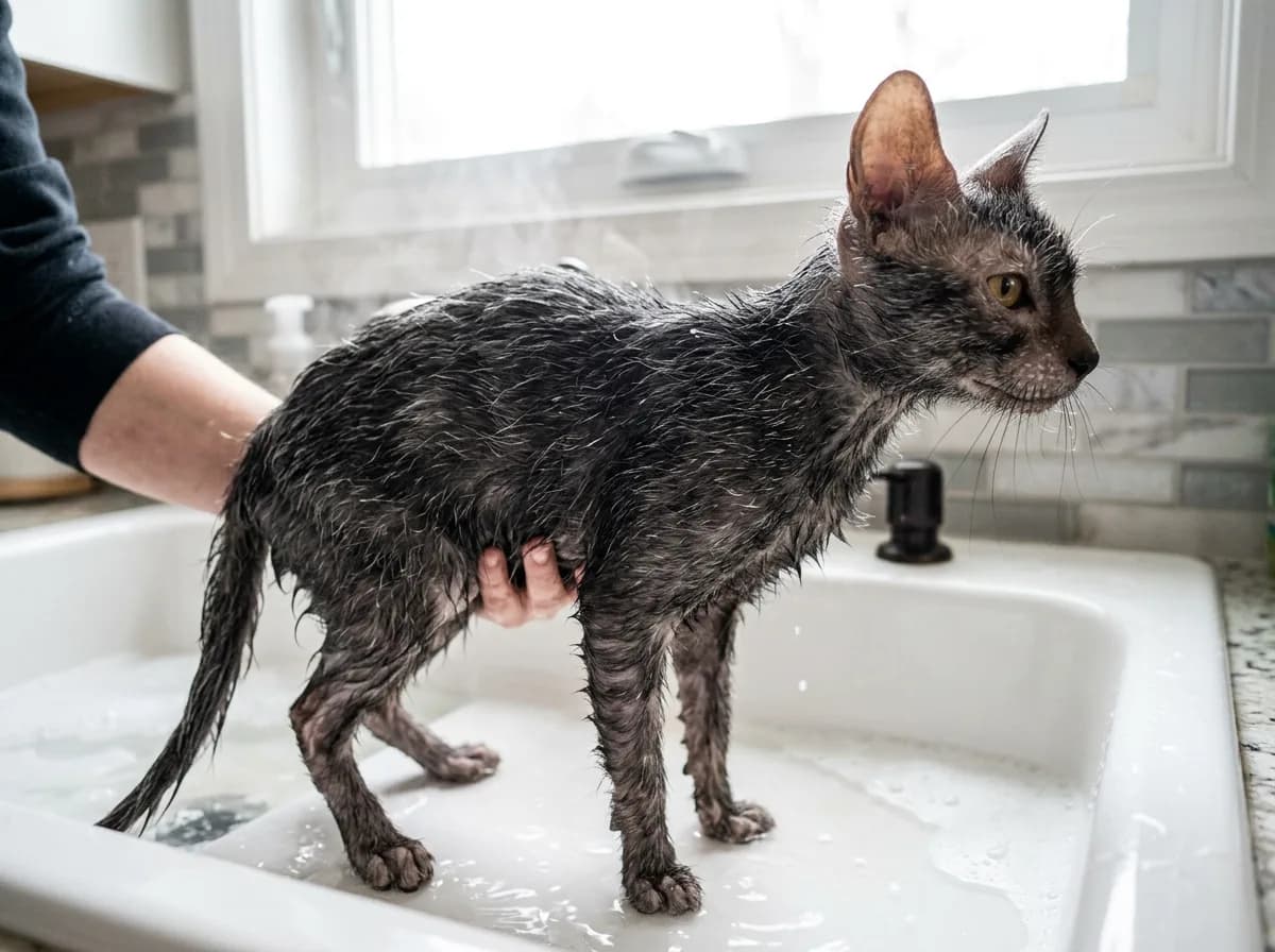 A Lykoi cat being gently bathed in a sink to manage skin oil, viewed from the side with only the cat in focus.