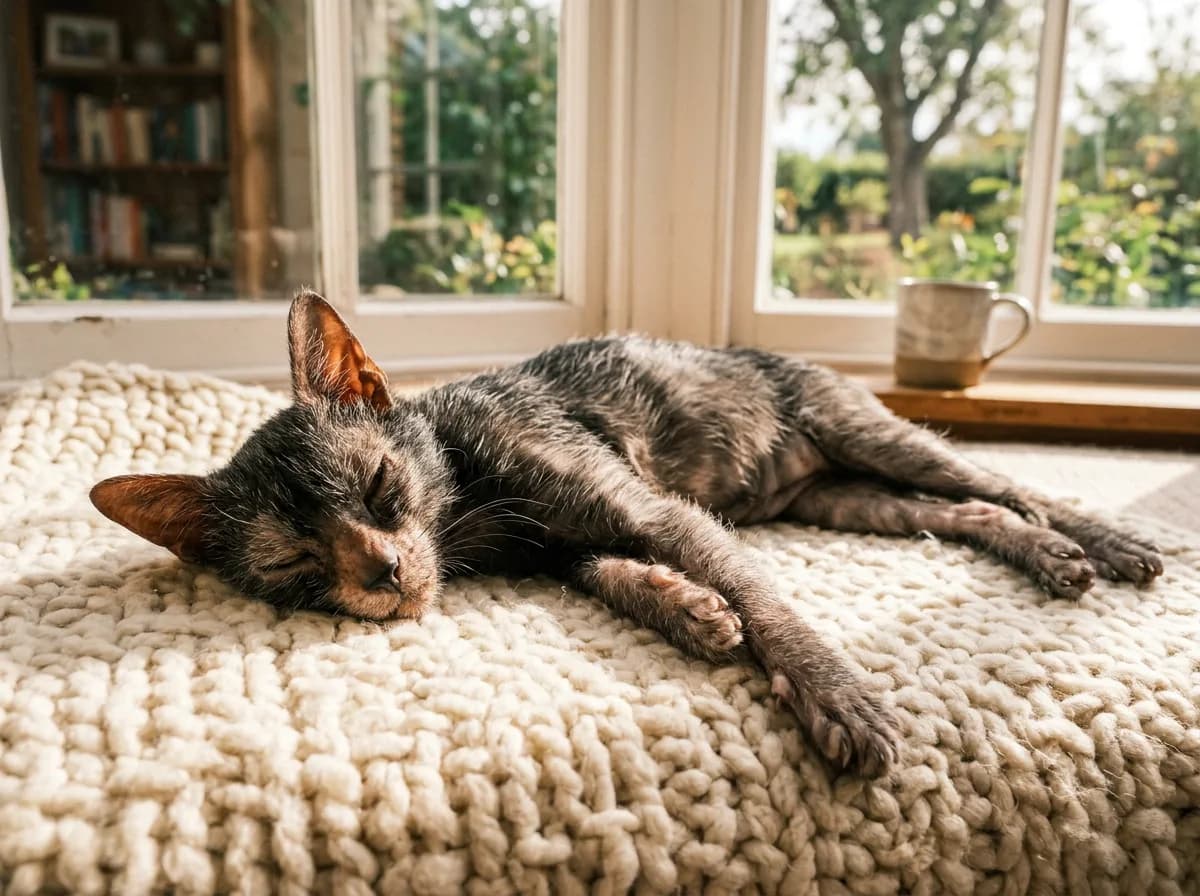 A healthy adult Lykoi cat lounging on a warm blanket indoors near a sunlit window, looking content and well cared for.