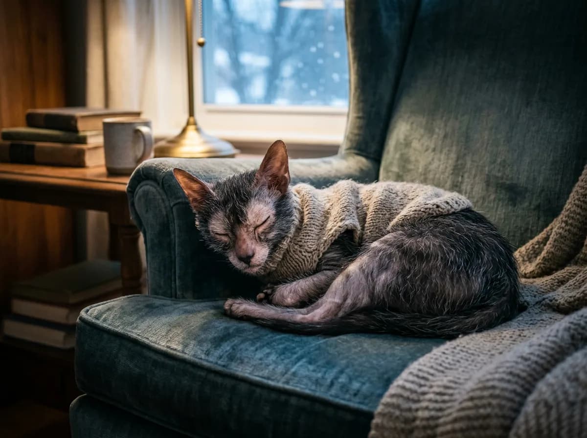 A Lykoi cat curled up wearing a soft knit sweater indoors to stay warm, illustrating cold protection for a sparse coat.