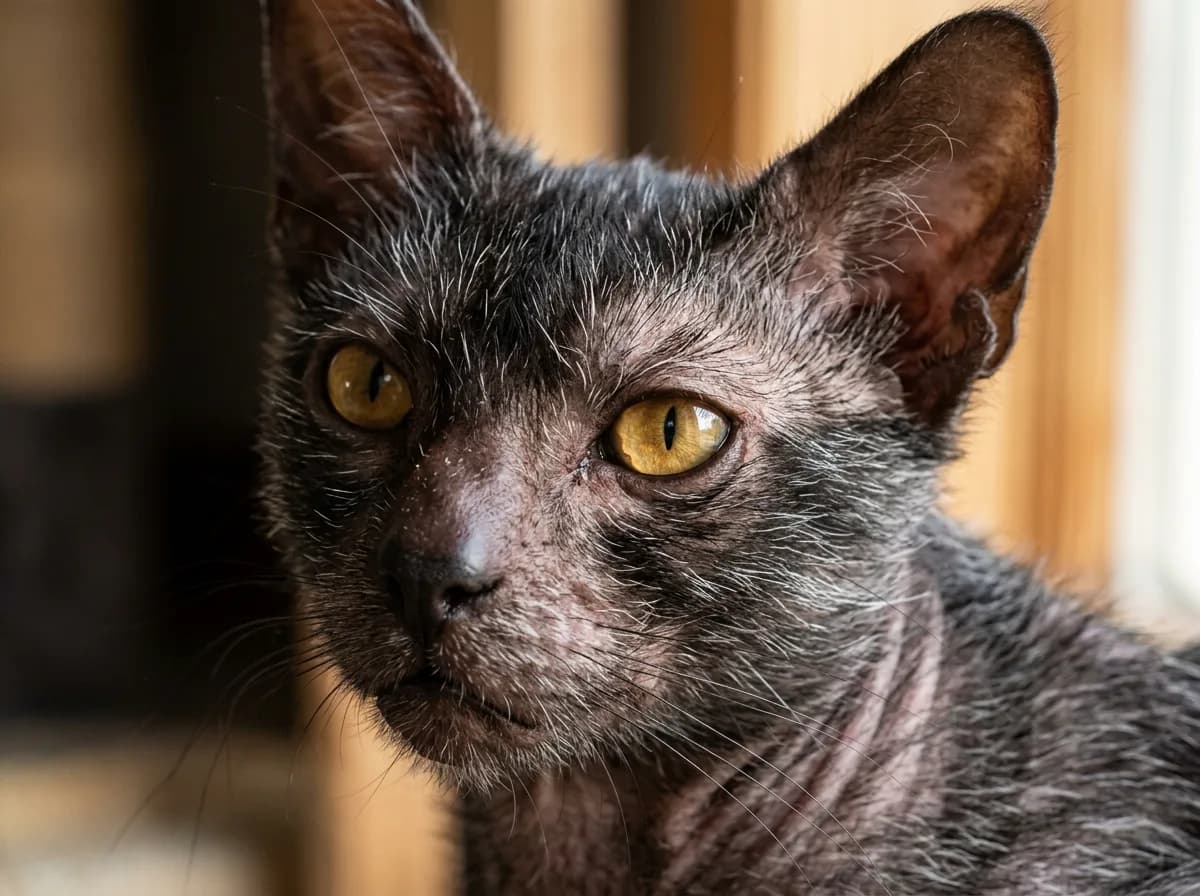 A close-up of a black roan Lykoi cat showing the sparse masked fur around its amber eyes and muzzle.