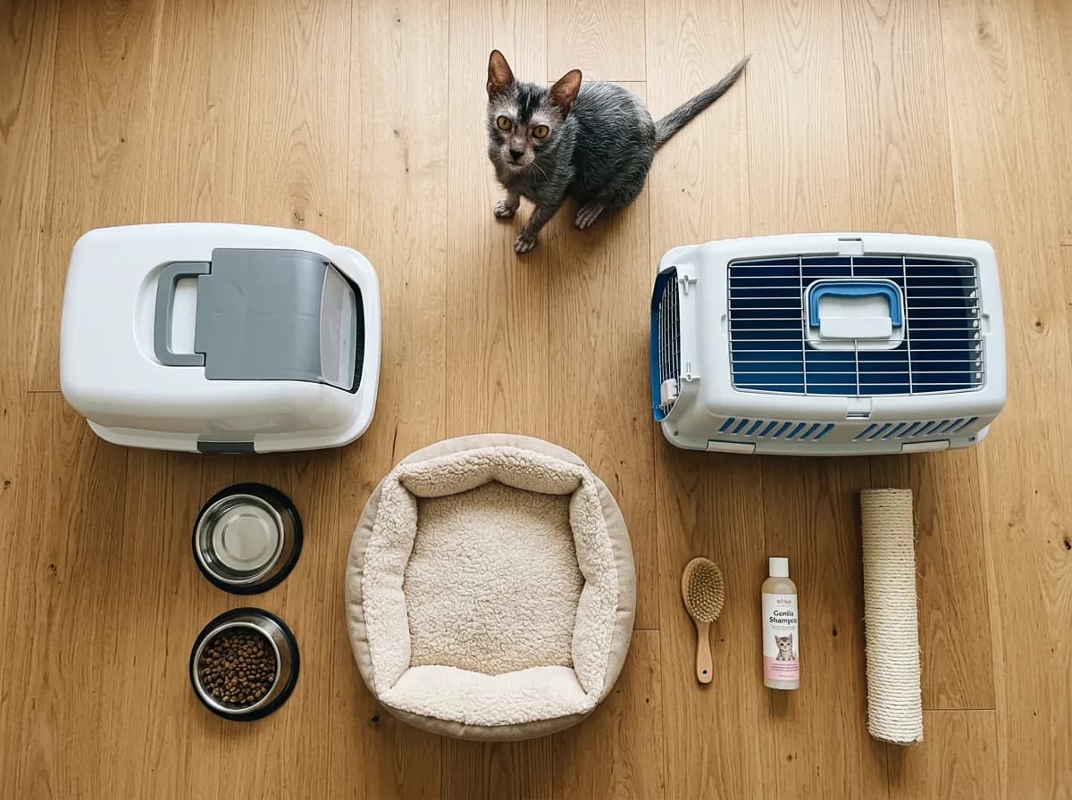 A flat-lay of new kitten supplies including a litter box, bowls, bed, carrier, and grooming tools on a wood floor.
