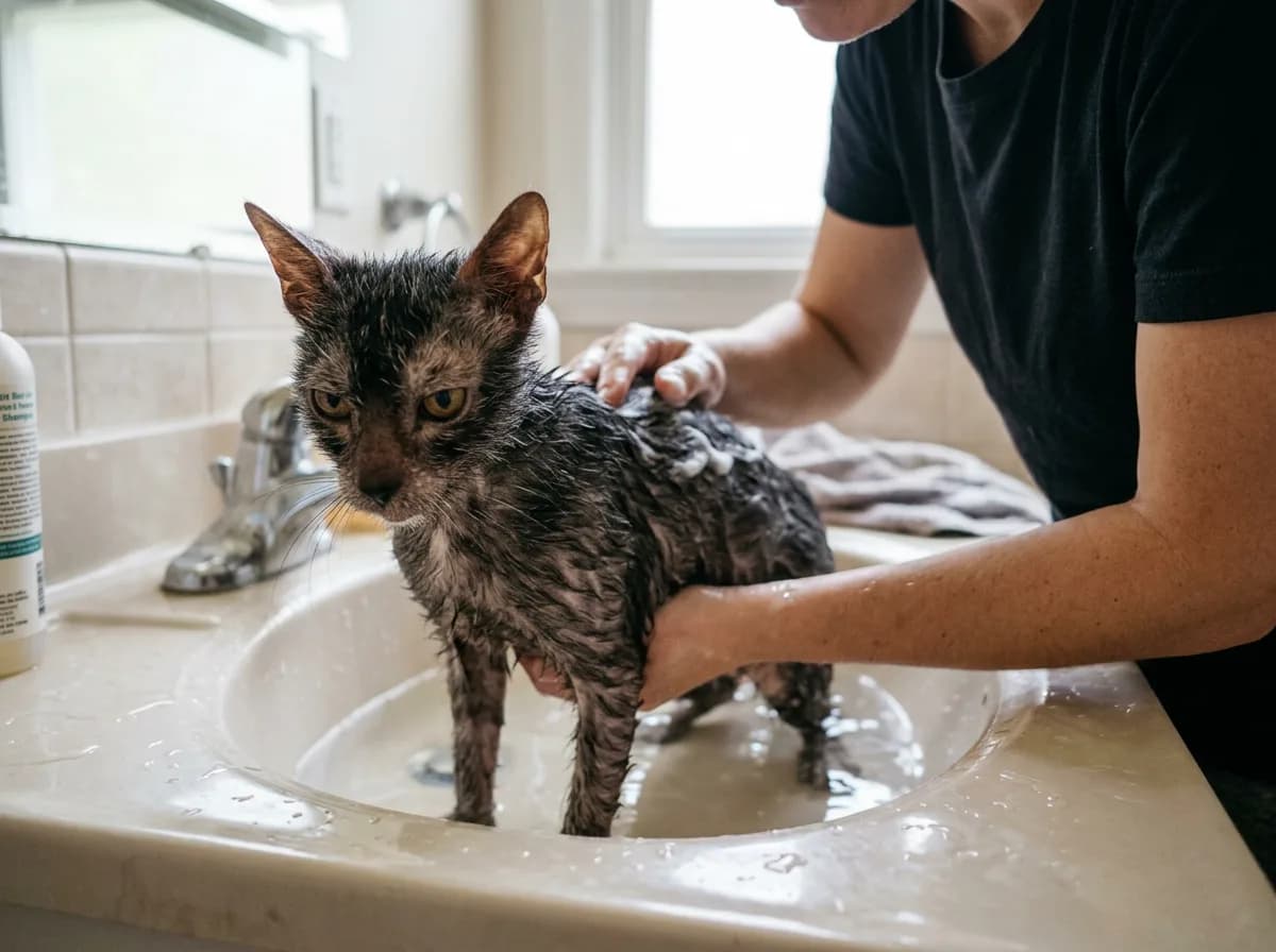 An owner gently bathes a Lykoi cat in a shallow sink, showing the routine skin care the breed needs.