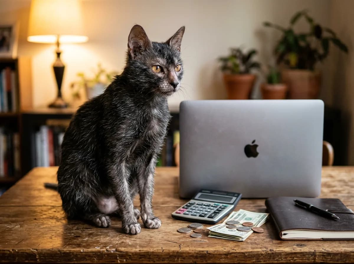 A black roan Lykoi cat sitting on a desk beside a closed laptop, a calculator and cash, illustrating budgeting for the breed.