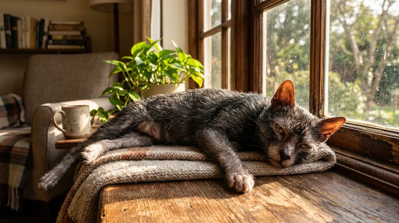 A relaxed Lykoi cat lounges on a sunny windowsill at home, conveying a healthy long-term companion.