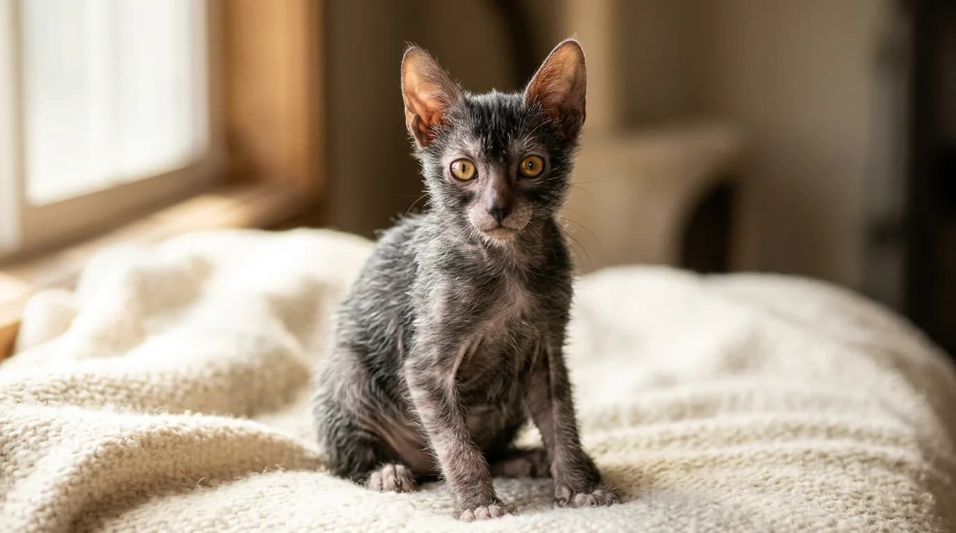 A partially hairless roan Lykoi kitten with a wolfish masked face and amber eyes sitting upright on a soft blanket.
