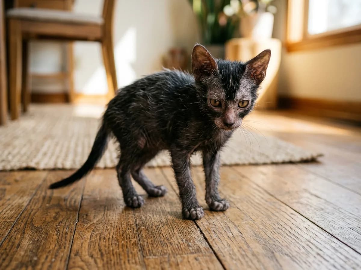 A young Lykoi kitten mid-molt showing a near-bald face and sparse patchy body hair on a wooden floor.