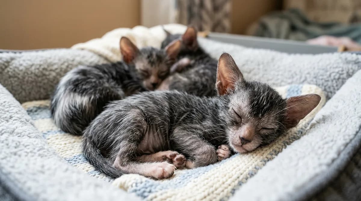 A small litter of roan Lykoi kittens nestled together in a clean whelping bed.