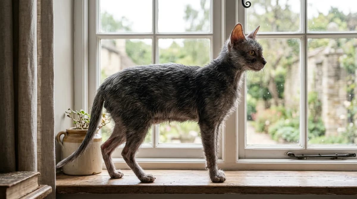 A healthy adult roan Lykoi cat standing on a windowsill backlit by soft daylight showing its full werewolf appearance.