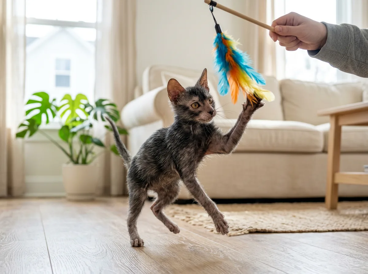 A four month old roan Lykoi kitten with a regrown patchy coat playing with a feather toy in a bright living room.