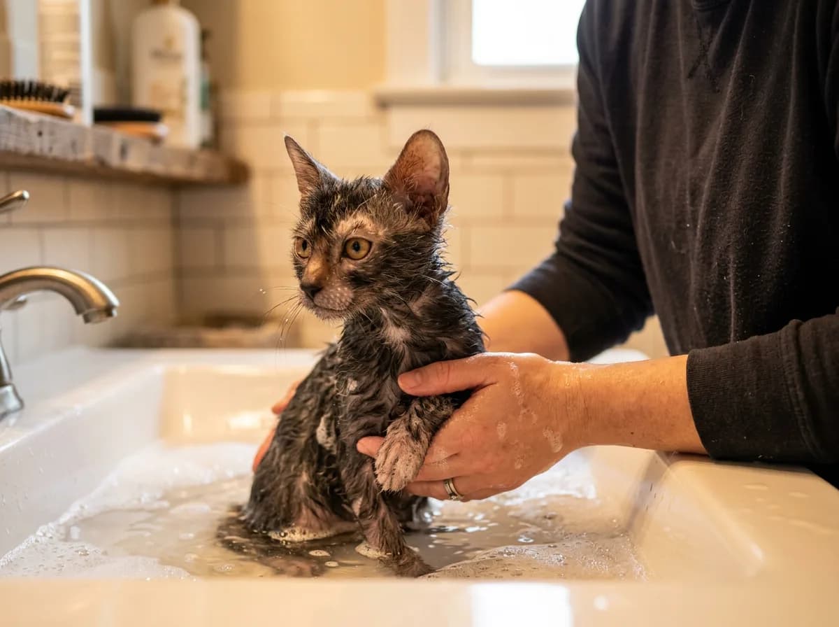 A Lykoi kitten being gently bathed in a shallow sink with a person visible only from the torso down.