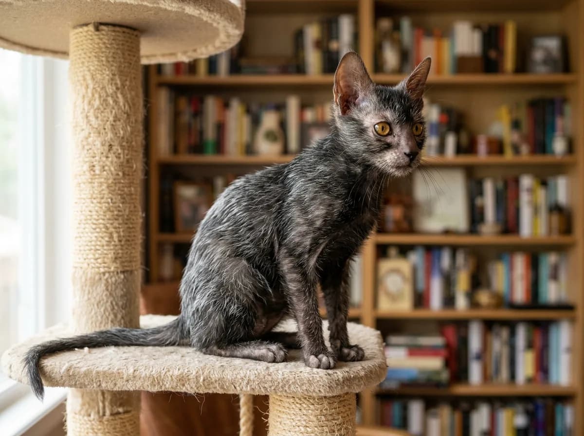 A roan Lykoi kitten perched on a cat tree looking alert with large upright ears and amber eyes.