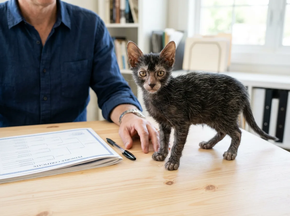 A registered Lykoi breeder kitten beside a pedigree document on a clean table with a person cropped at the torso.