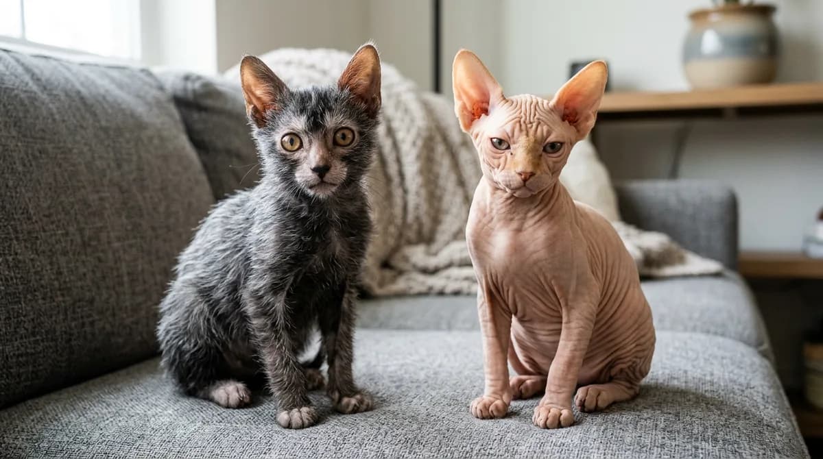 A Lykoi kitten and a Sphynx kitten side by side on a couch showing the difference between a sparse roan coat and bald skin.