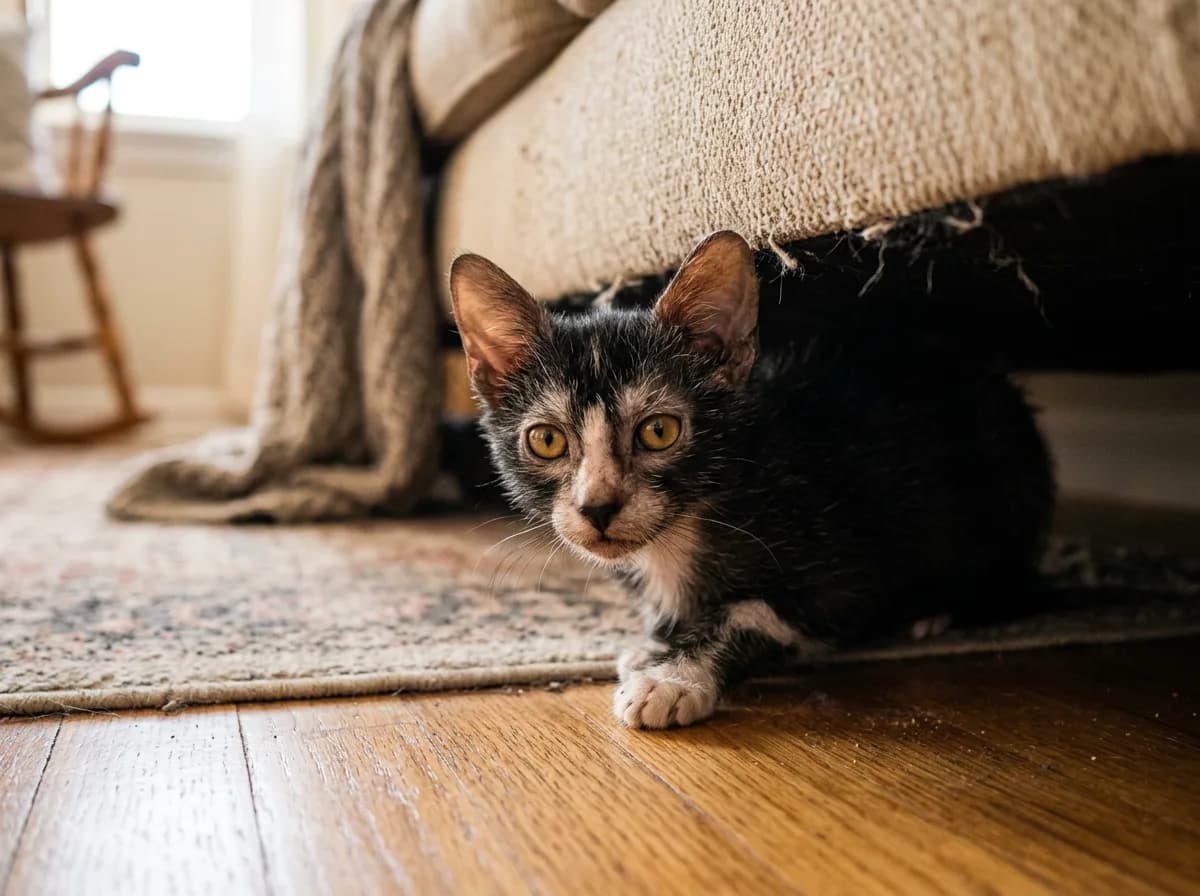 A Lykoi kitten exploring a new home cautiously peeking out from under a sofa.