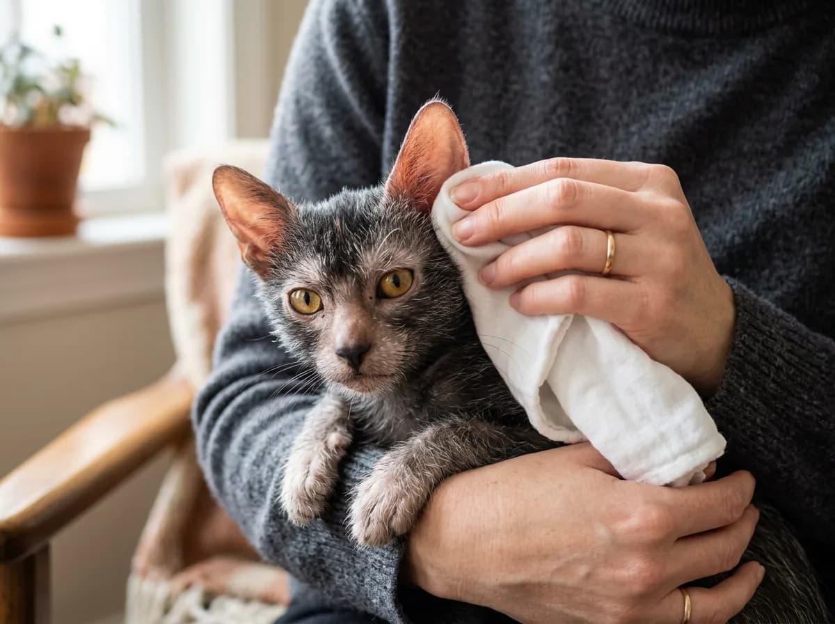 A person's hands wiping a Lykoi kitten's large ear with a soft cloth with the person cropped at the torso.