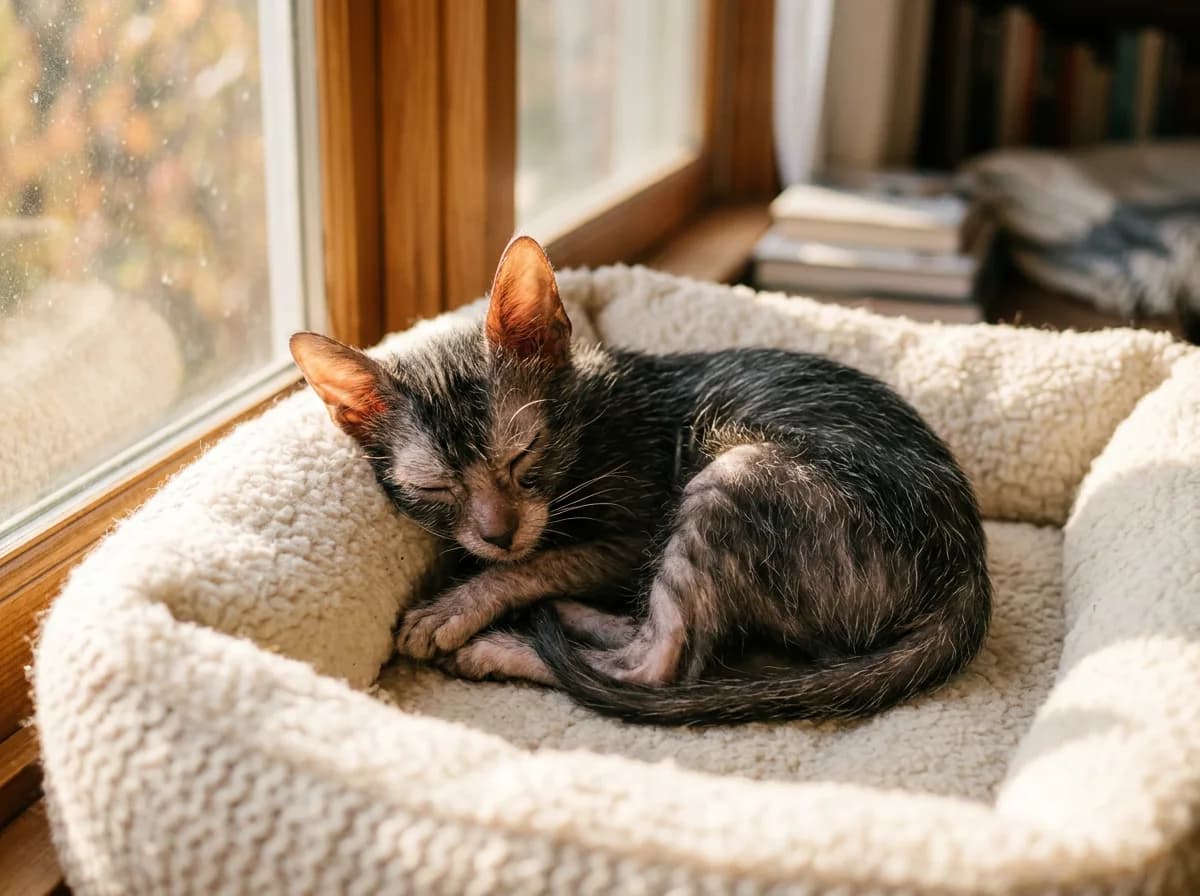 A Lykoi kitten curled up asleep on a warm heated pet bed near a sunny window.