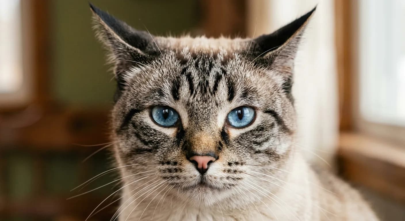 A close-up of a lynx point Siamese cat's face showing the M-shaped tabby marking on the forehead, striped points, and bright blue eyes