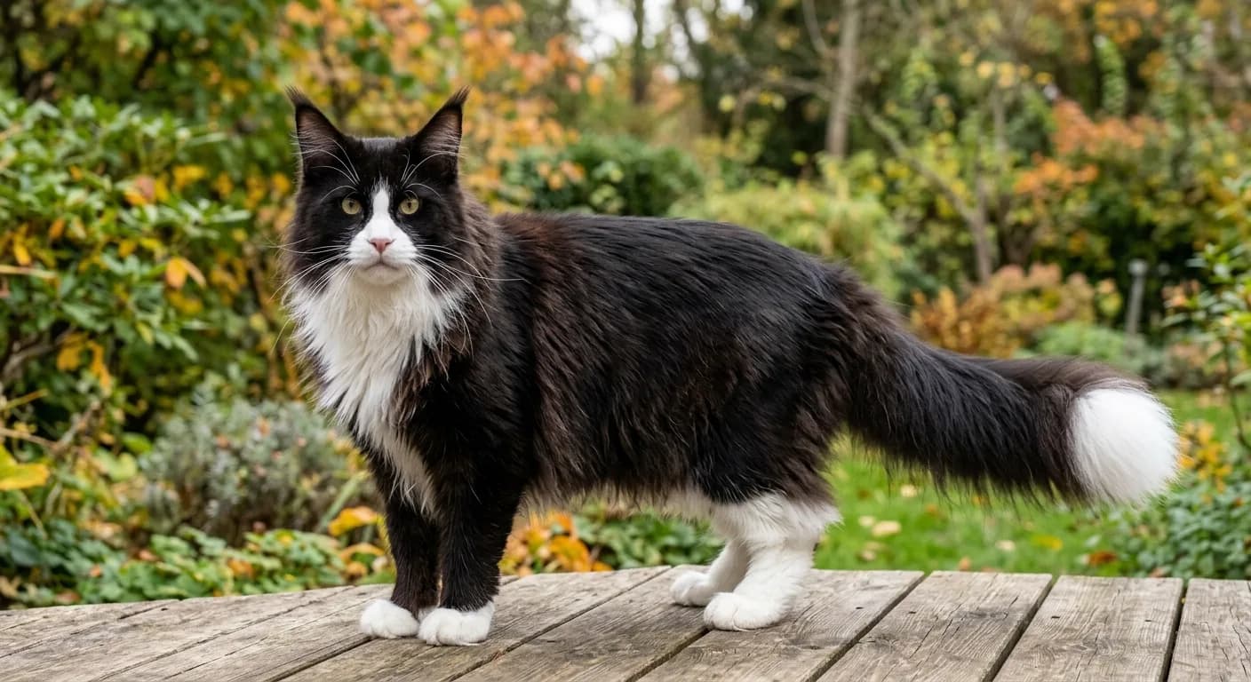A tuxedo-patterned bicolor Maine Coon with a glossy black coat and crisp white chest and paws, the long tail plume showing a white tip
