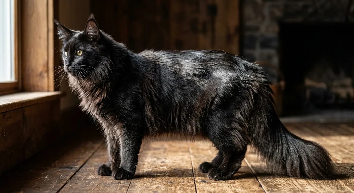 A solid black Maine Coon photographed in dramatic side lighting that reveals the high gloss of its coat and the lion-like neck ruff