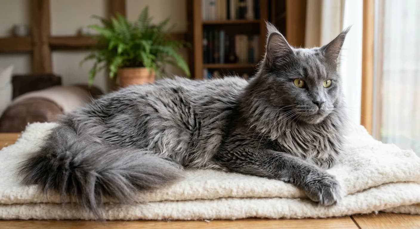 A blue Maine Coon lying in soft natural light, the cool gray-blue coat parted slightly to show the layered semi-long fur and lynx-tipped ear tufts