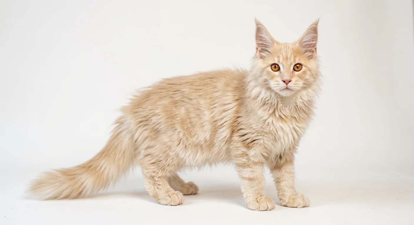 A cream Maine Coon kitten with a fluffy developing ruff and bright copper eyes, photographed on a white background showing the warm buff tone