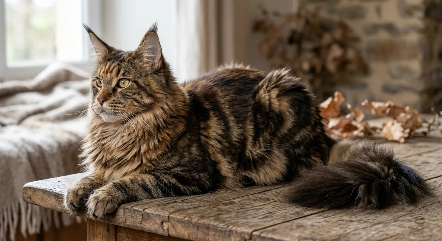 A brown classic tabby Maine Coon posed in three-quarter view on a wooden surface, showing the bold bull-eye swirl on its flank, thick ruff, and prominent lynx-tipped ear tufts
