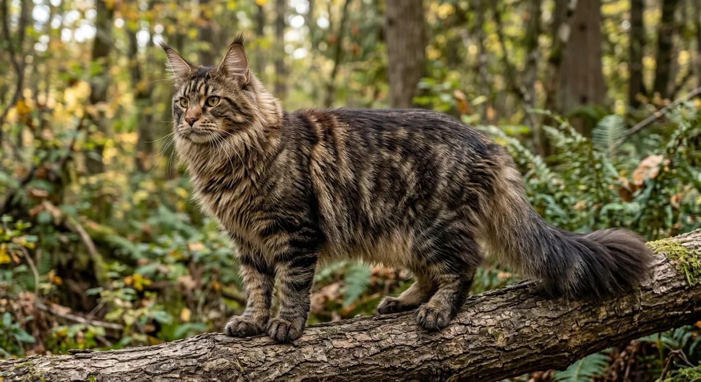 A brown mackerel tabby Maine Coon standing on a log, narrow parallel stripes running vertically down the sides from spine to belly, the stripes crisp and well-defined