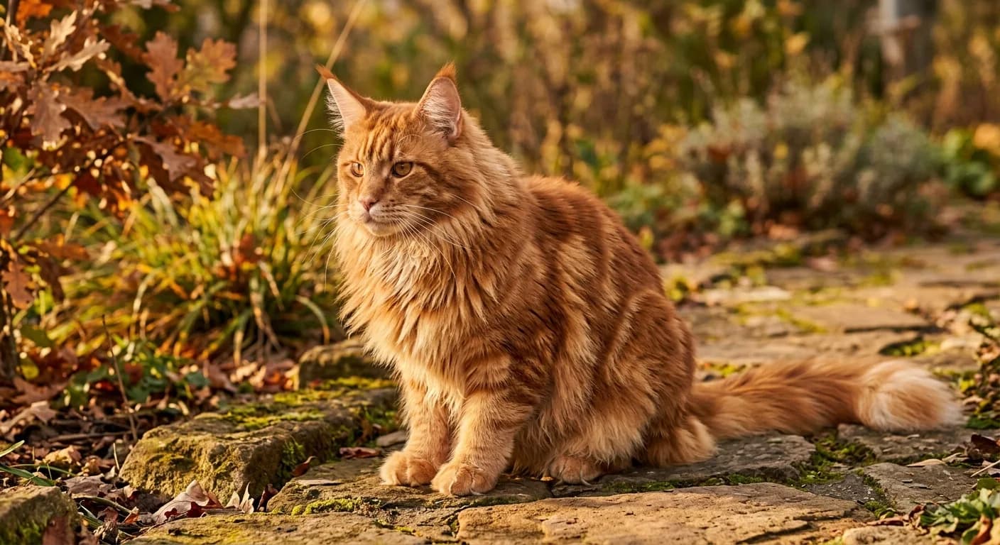 A solid red-orange tabby Maine Coon with a full chest ruff, photographed outdoors in warm afternoon light that emphasizes the copper tones
