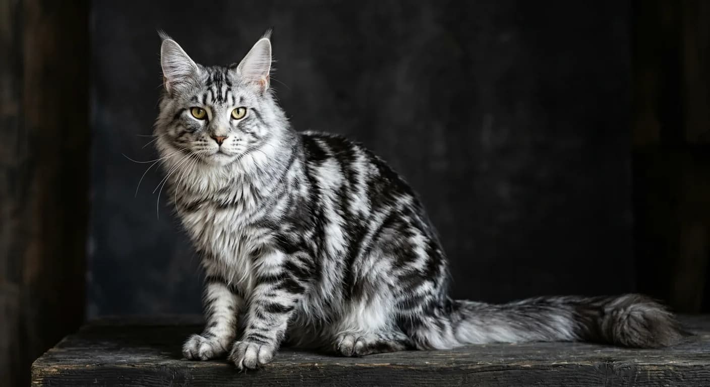 A silver tabby Maine Coon photographed on a dark background, the high-contrast pattern of dark-gray markings over a pure white-silver ground coat making the tabby pattern look like etched metal