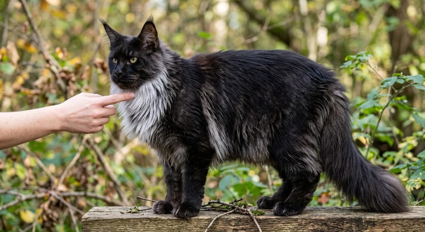 A black smoke Maine Coon with its dense fur parted at the neck, revealing a striking white silver undercoat beneath the dark tips, creating a smoke-and-mirrors effect