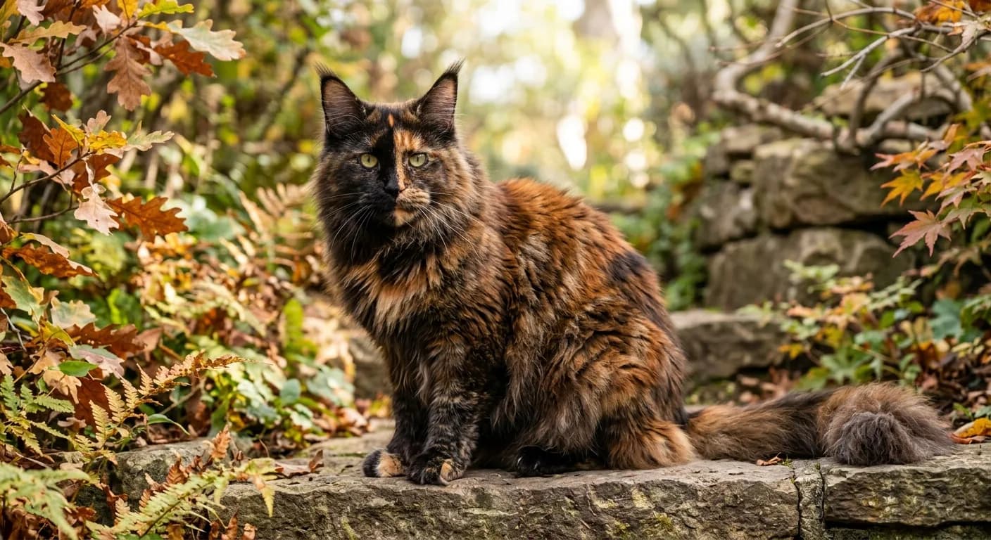A tortoiseshell Maine Coon with bold black and deep red-orange patching across the coat, the semi-long fur highlighting the patchwork effect, no white present