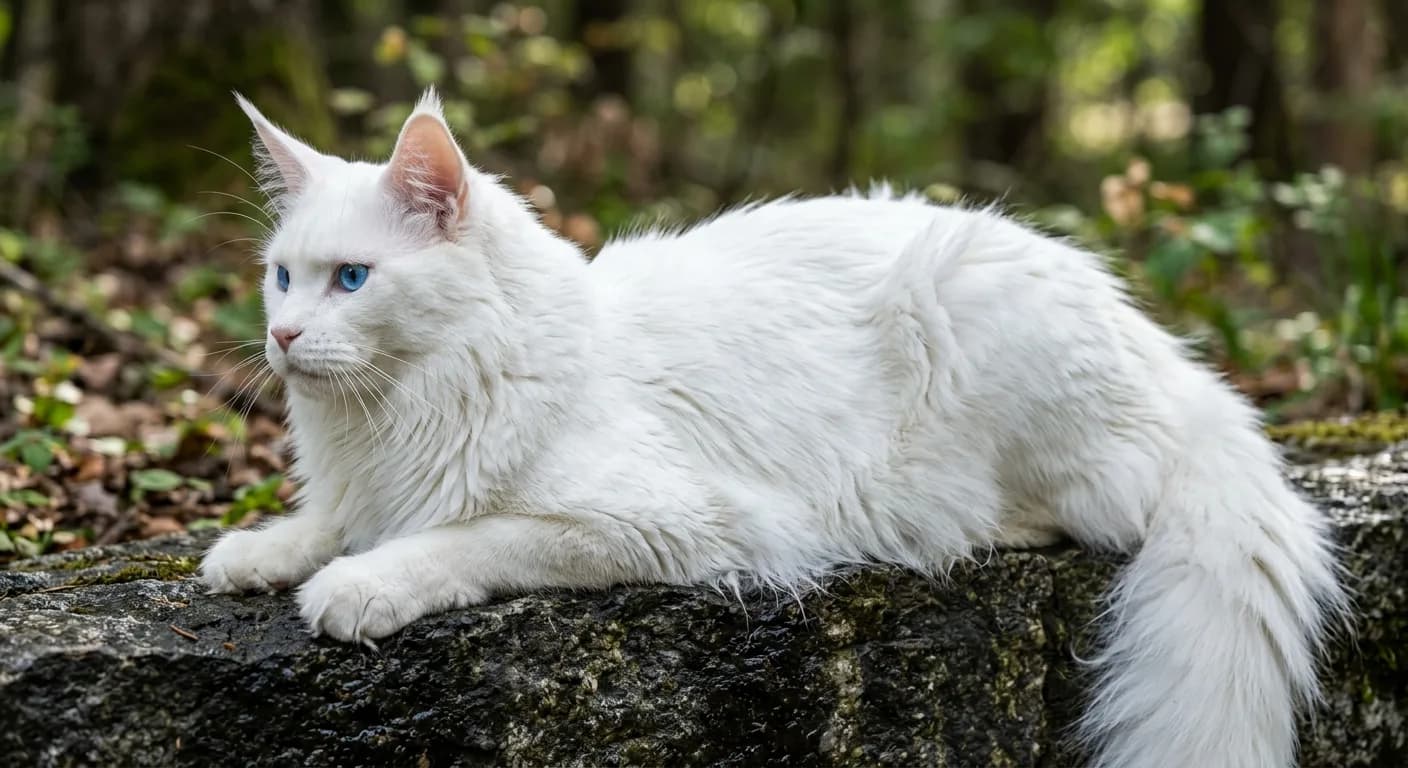 A solid white Maine Coon with vivid blue eyes posed on a dark stone surface, the thick semi-long coat showing subtle layering at the shoulders and chest