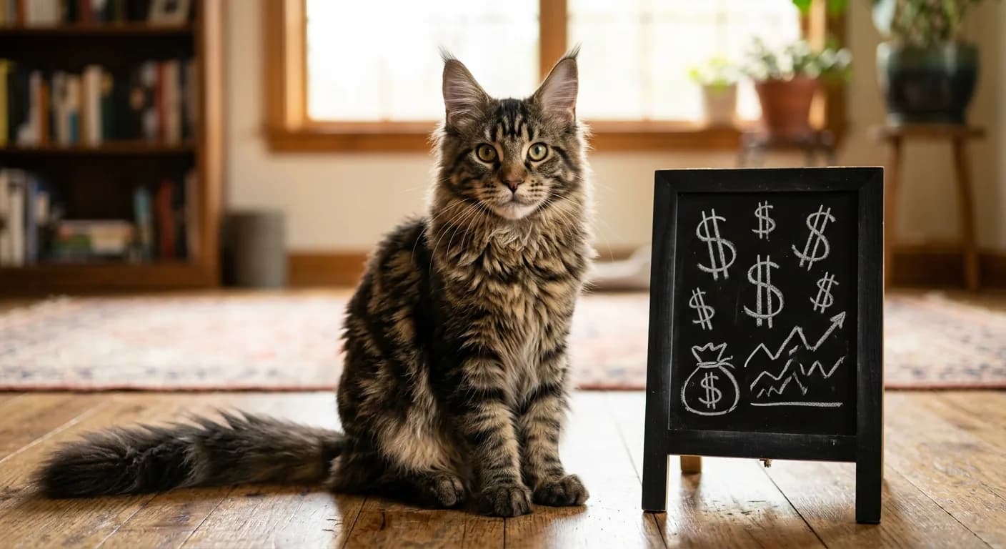 A large brown tabby Maine Coon kitten sitting beside a small chalkboard with dollar signs, natural indoor light