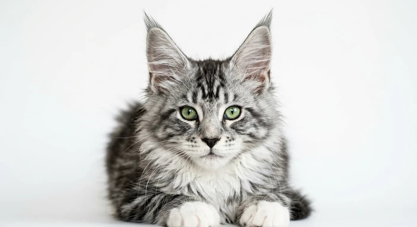 Close-up of a silver tabby Maine Coon kitten with large tufted ears and green eyes, white background