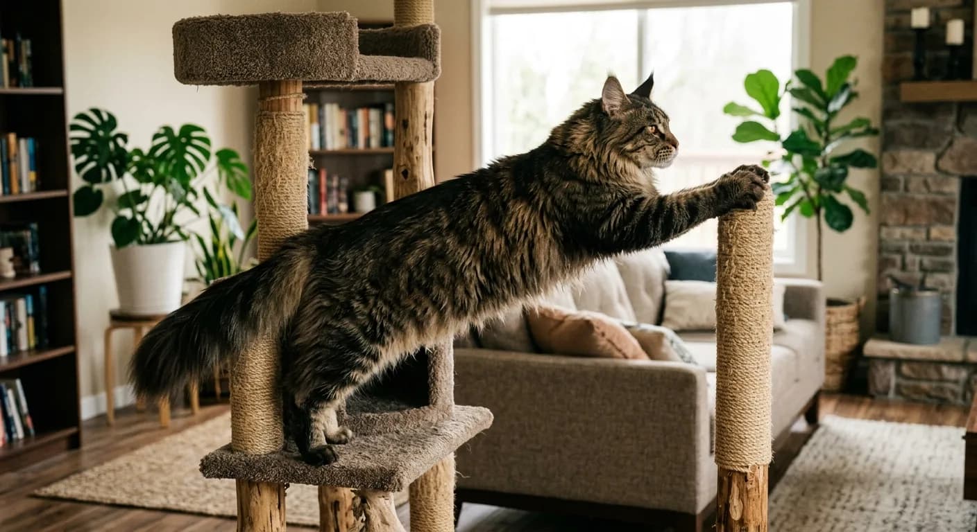 A large Maine Coon cat stretching on a tall multi-level cat tree, tabby coat, living room setting