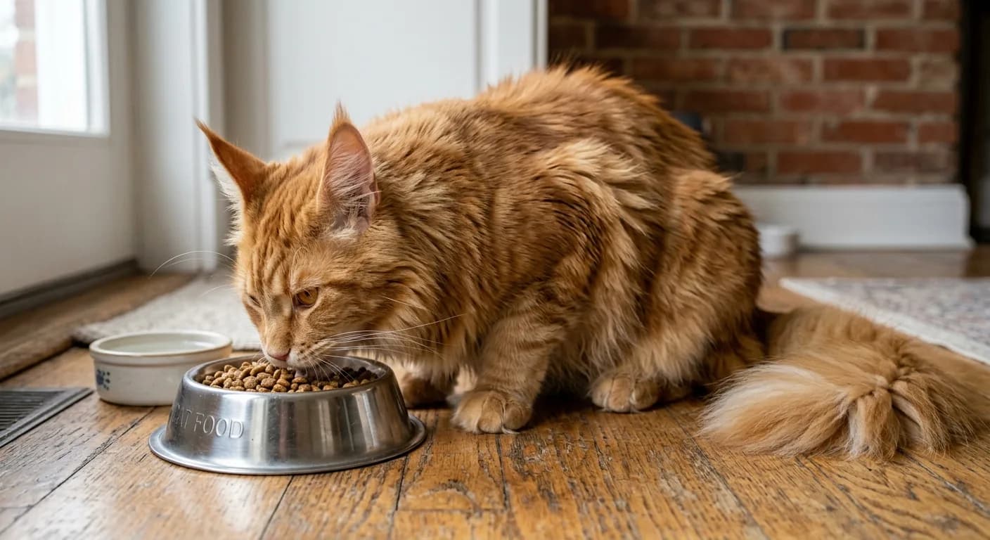 Maine Coon cat eating from a stainless steel bowl on a kitchen floor, orange tabby coat, natural light