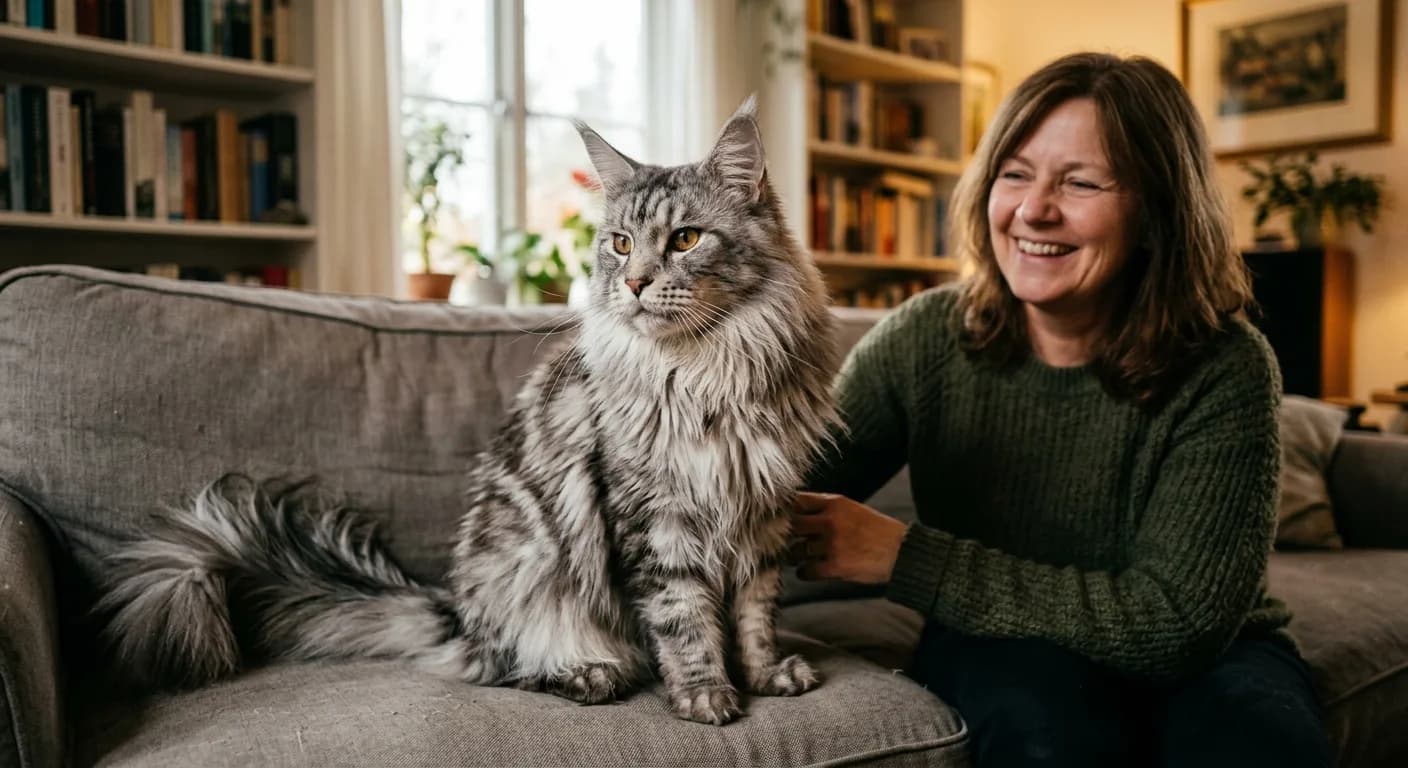 A Maine Coon cat sitting next to a smiling owner indoors, long silver-tabby coat, warm home lighting, cat in focus