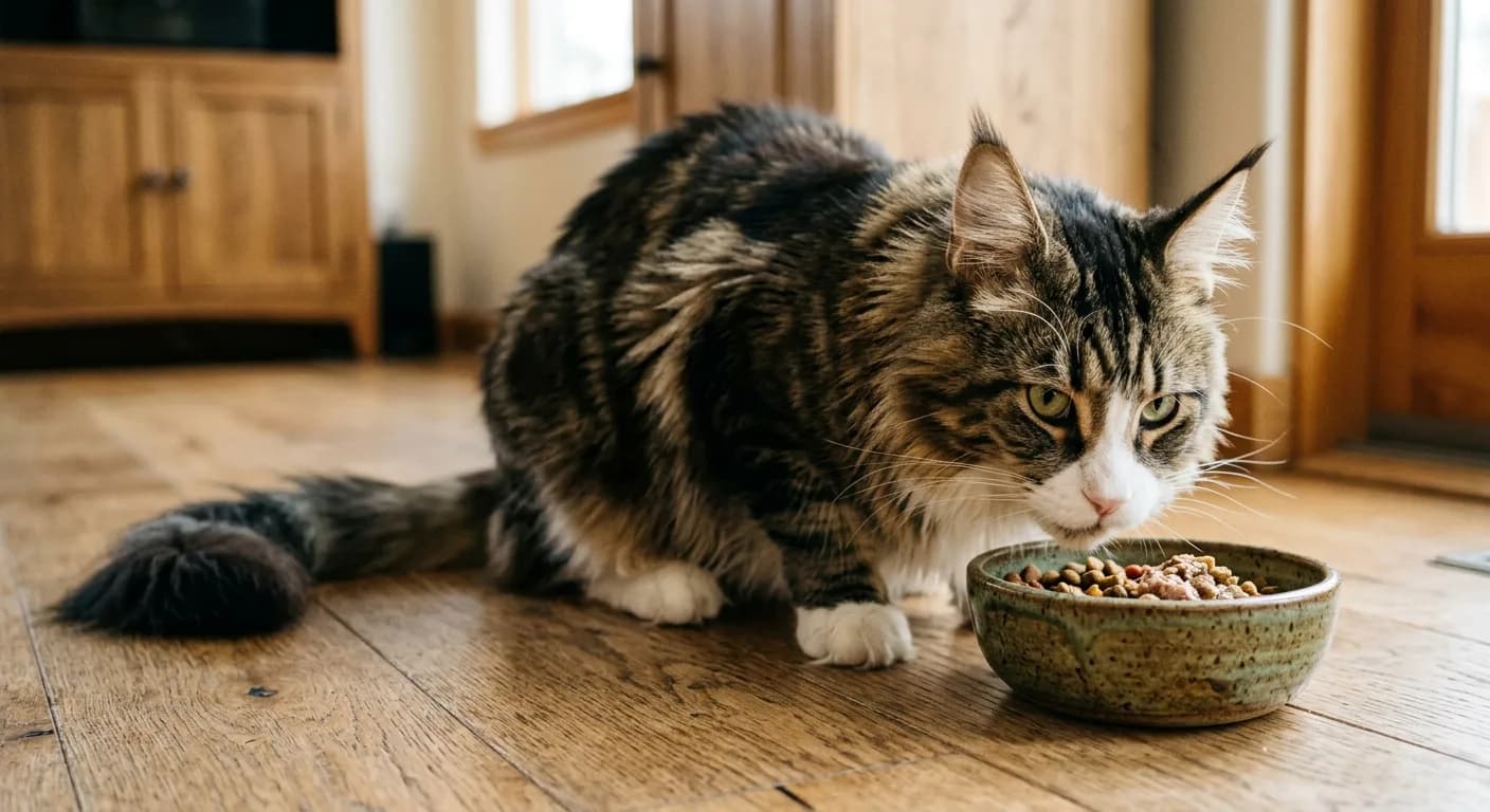 Maine Coon eating from a ceramic bowl on the floor, coat in good condition, healthy weight visible