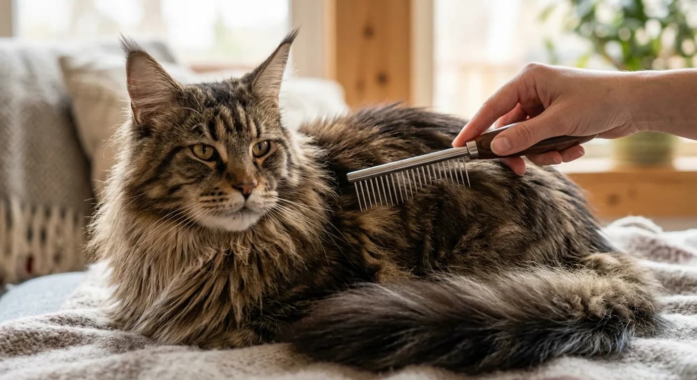 Close-up of a Maine Coon being gently brushed with a wide-tooth comb, only the groomer's hand visible, coat full and untangled