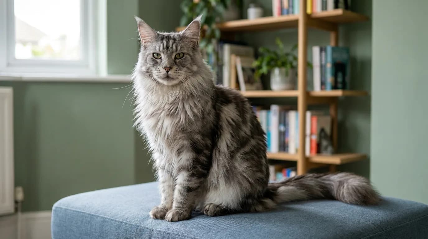 Silver tabby Maine Coon with tufted ears and a bushy tail sitting on a blue ottoman.