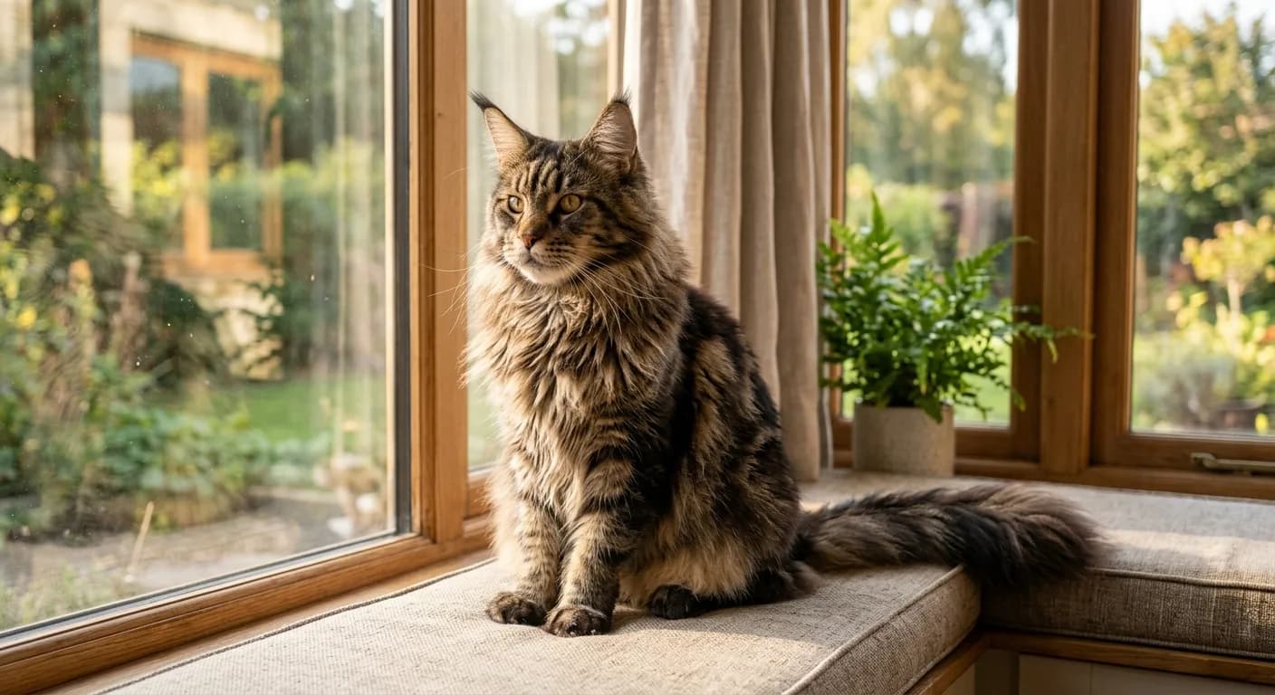 A healthy adult Maine Coon sitting in a sunny window seat indoors, coat in full condition, looking relaxed