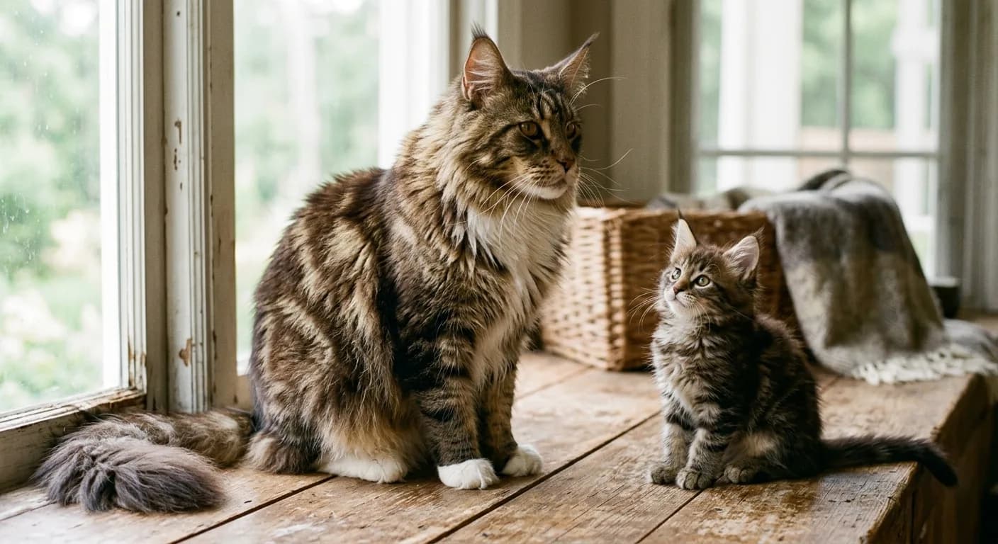 Maine Coon kitten sitting beside a large adult Maine Coon on the same surface, showing the dramatic size difference between life stages