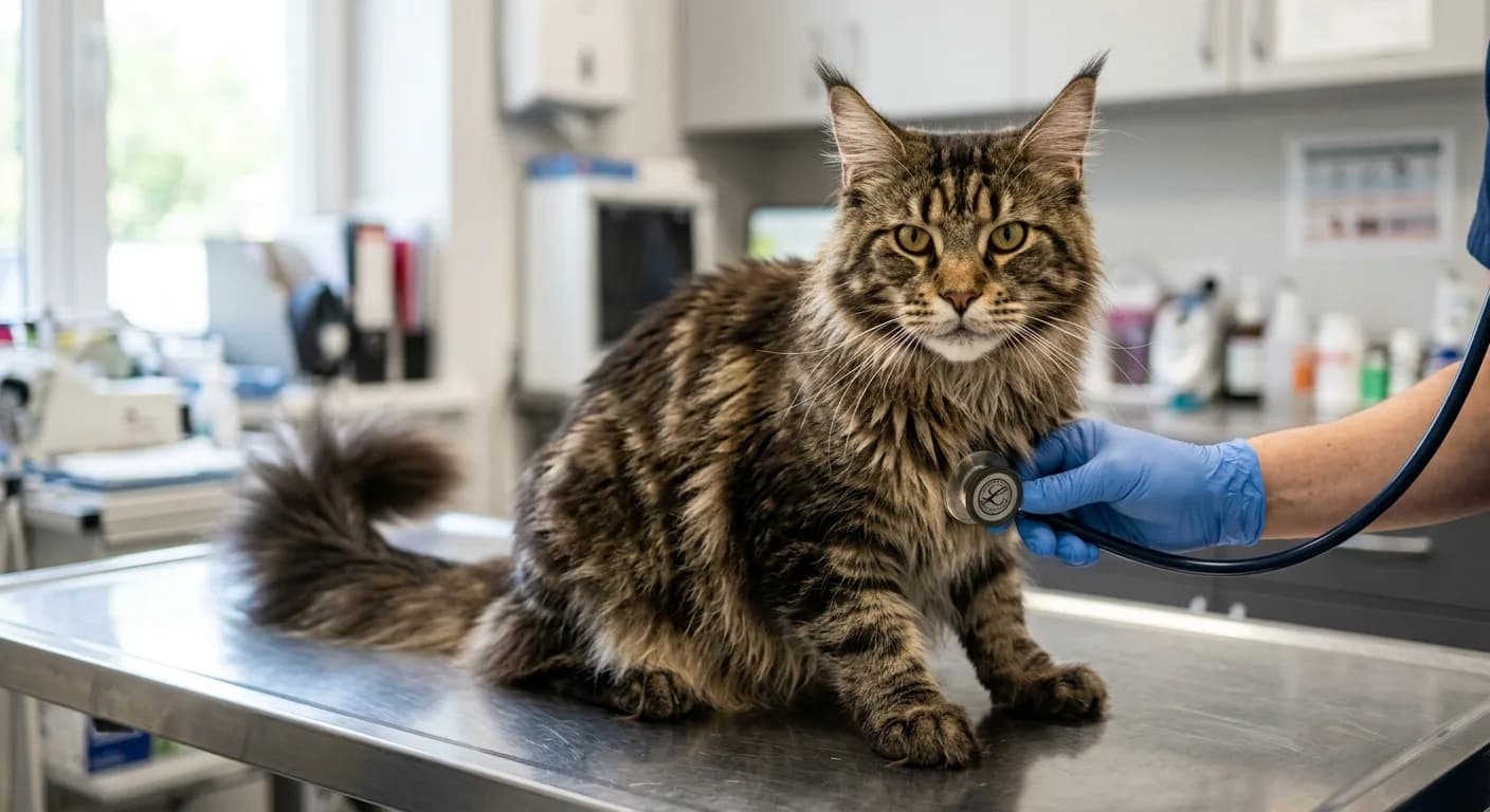 Maine Coon on a stainless steel exam table with only a gloved veterinary hand visible holding a stethoscope against the cat's chest