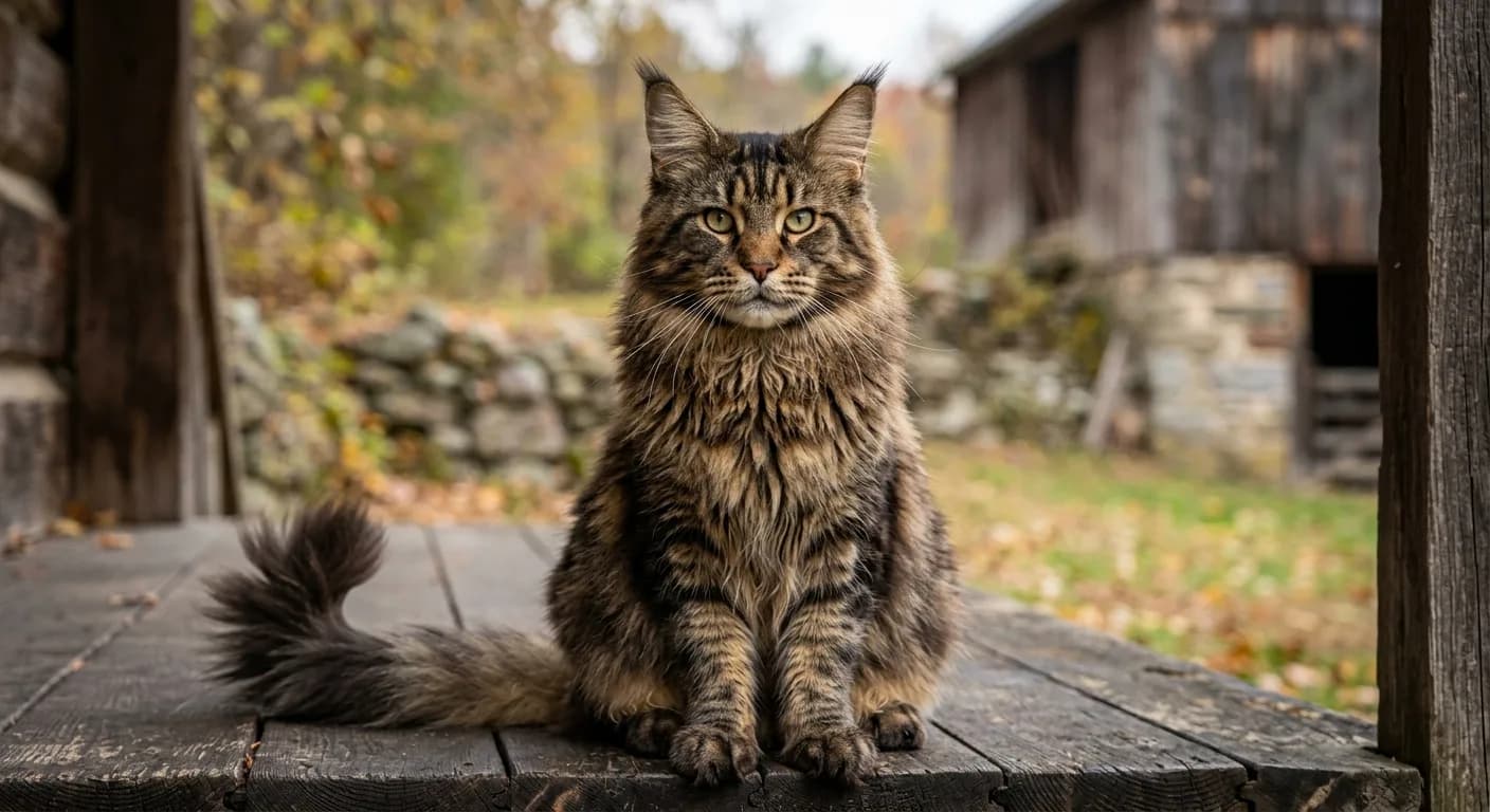 A close-up of a large adult Maine Coon cat with tufted ears and a thick semi-long coat, showing the broad chest and large bone structure characteristic of the breed