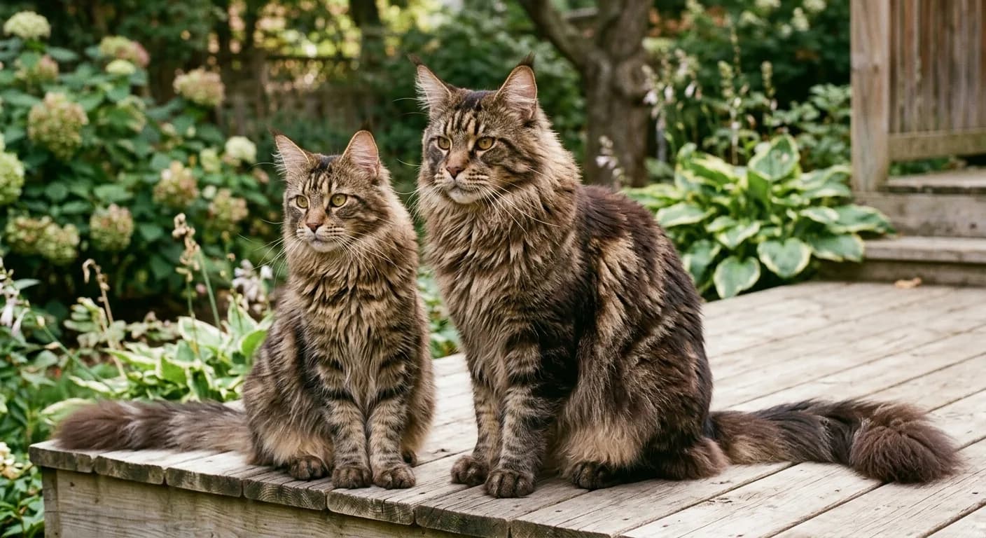 A female Maine Coon cat sitting beside a male Maine Coon, both brown tabbies, showing the clear size difference between the sexes