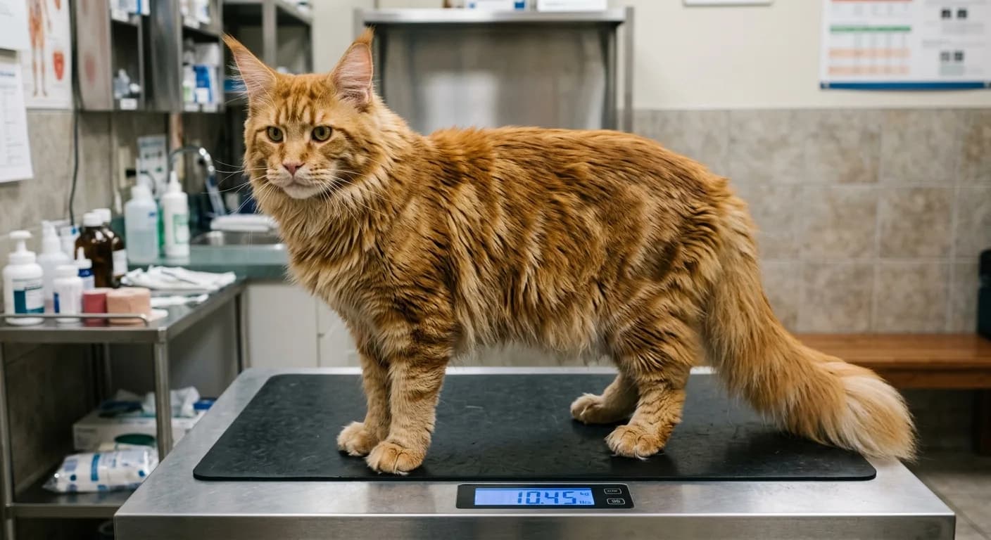 A young adult male Maine Coon with a thick orange tabby coat standing on a veterinary scale, showing his impressive weight