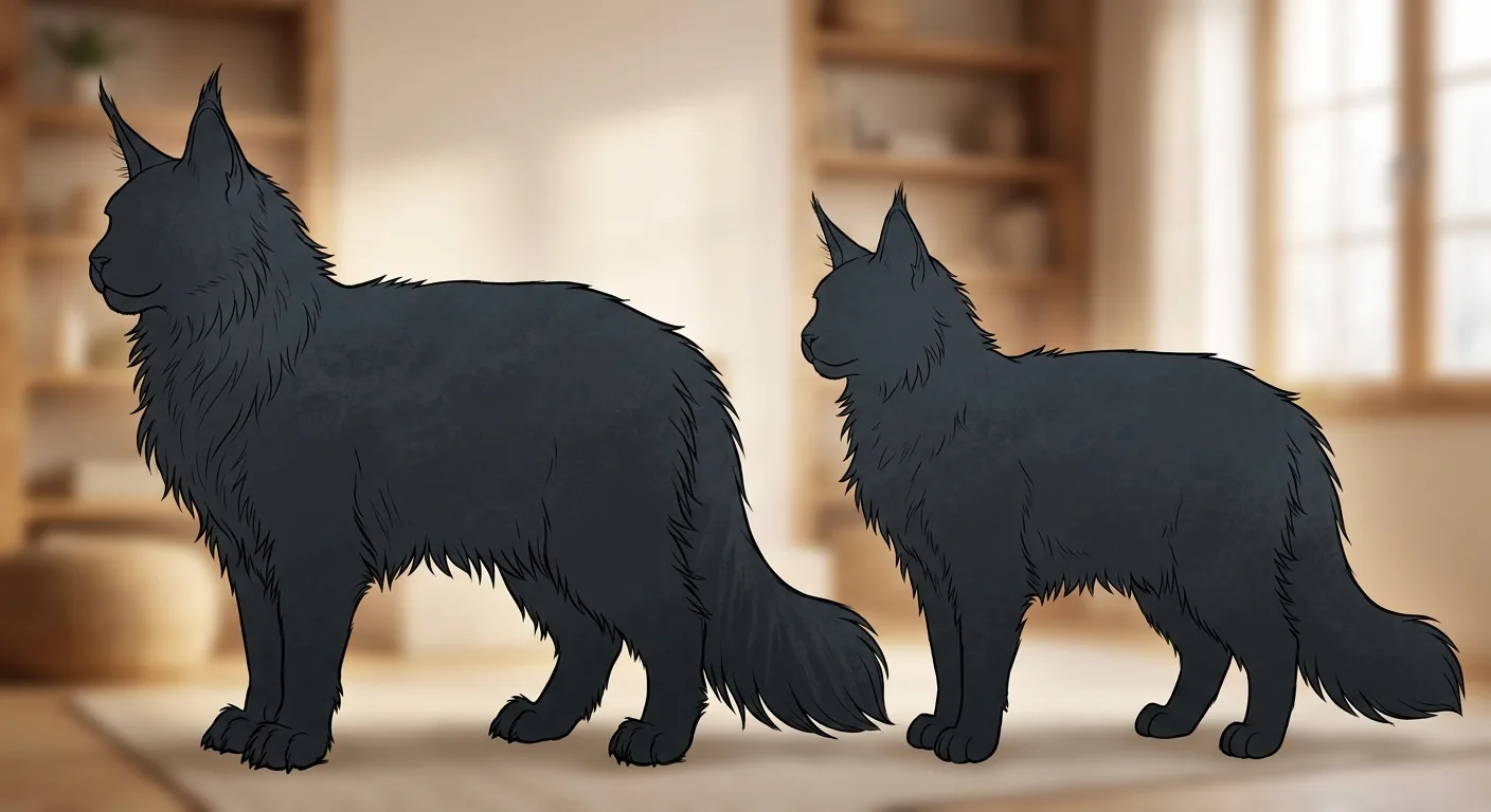 Illustrated side-by-side silhouette comparison of a large male Maine Coon and a smaller female Maine Coon, both in profile, showing height and body length differences
